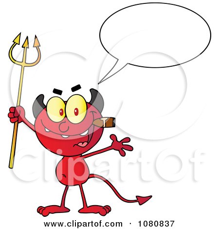 Clipart Talking Little Red Devil Smoking A Cigar And Holding Up A Trident - Royalty Free Vector Illustration by Hit Toon