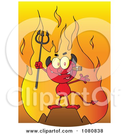 Clipart Little Devil Smoking A Cigar In Front Of Flames - Royalty Free Vector Illustration by Hit Toon