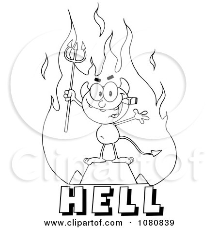 Clipart Outlined Little Devil Smoking A Cigar Over The Word HELL - Royalty Free Vector Illustration by Hit Toon