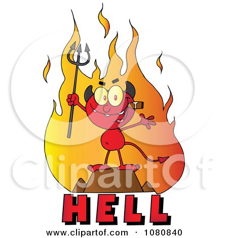 Clipart Little Devil Smoking A Cigar Over The Word HELL - Royalty Free Vector Illustration by Hit Toon