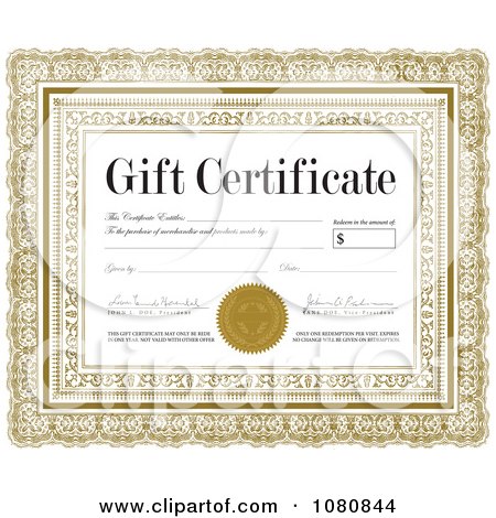 Clipart Ornate Gold Gift Certificate With Sample Signatures - Royalty Free Vector Illustration by BestVector