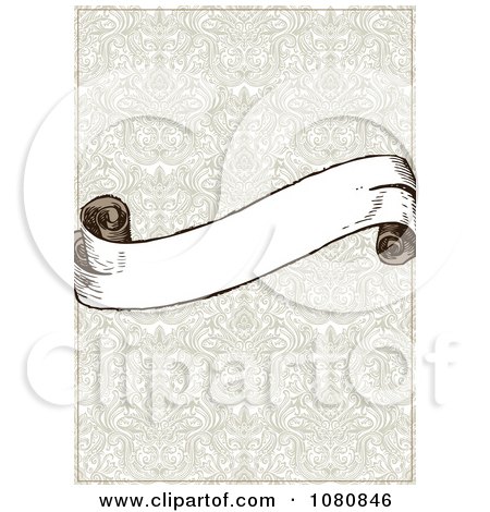 Clipart Blank Parchment Scroll Banner Over A Tan Damask Background - Royalty Free Vector Illustration by BestVector