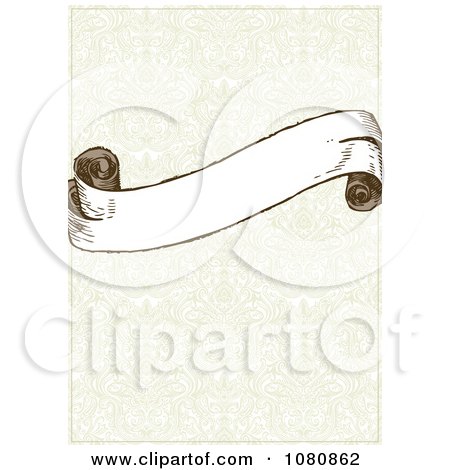 Clipart Parchment Scroll Banner Over A Faint Damask Pattern - Royalty Free Vector Illustration by BestVector