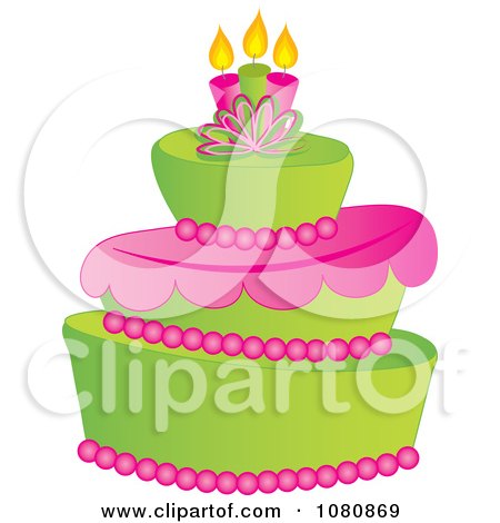 Clipart Three Tiered Green And Pink Fondant Cake With Birthday Candles - Royalty Free Vector Illustration by Pams Clipart