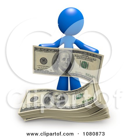 Clipart 3d Blue Man With A Stack Of Cash - Royalty Free CGI Illustration by Leo Blanchette