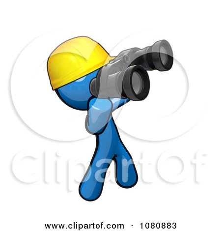 Clipart 3d Blue Man Construction Worker Using Binoculars - Royalty Free CGI Illustration by Leo Blanchette