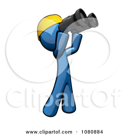 Clipart 3d Blue Man Construction Worker Viewing Through Binoculars - Royalty Free CGI Illustration by Leo Blanchette
