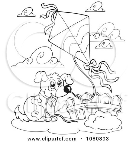 Clipart Outlined Dog Flying A Kite - Royalty Free Vector Illustration by visekart
