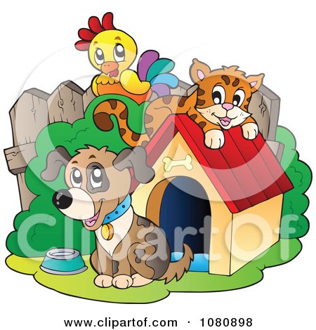Clipart Parrot And Orange Cat By A Dog And House - Royalty Free Vector Illustration by visekart