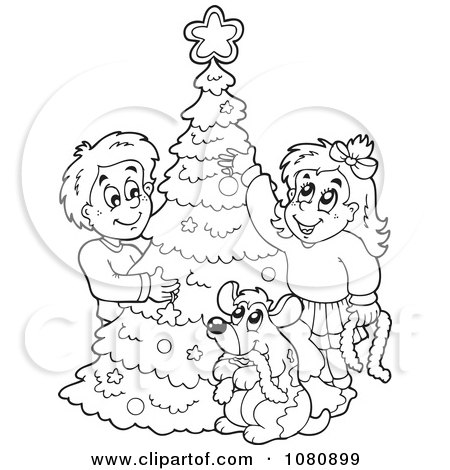 Clipart Outlined Dog And Kids Decorating A Christmas Tree - Royalty Free Vector Illustration by visekart