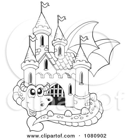 Clipart Outlined Dragon Guarding A Castle - Royalty Free Vector Illustration by visekart