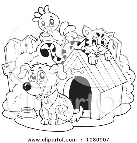 Clipart Outlined Parrot Cat And Dog By A Doggy House - Royalty Free Vector Illustration by visekart