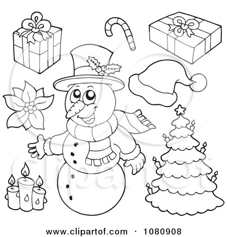 Clipart Outlined Gifts A Snowman Candles Poinsettia And Christmas Tree - Royalty Free Vector Illustration by visekart