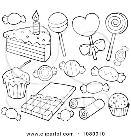 Clipart Outlined Candy And Cake - Royalty Free Vector Illustration by visekart