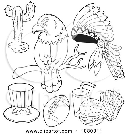 Clipart Outlined Bald Eagle Cactus Headdress Uncle Sam Hat Football And Fast Food - Royalty Free Vector Illustration by visekart
