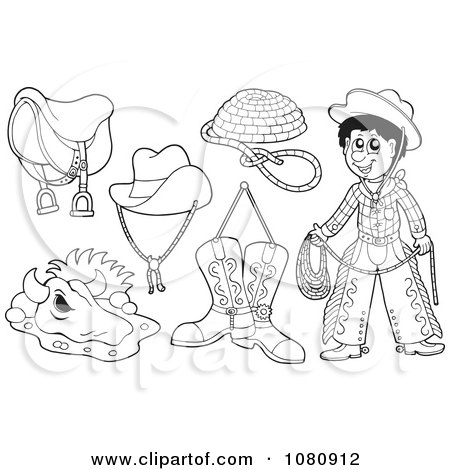 Clipart Outlined Cowboy And Western Gear - Royalty Free Vector Illustration by visekart