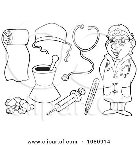 Clipart Outlined Doctor And Medical Items - Royalty Free Vector Illustration by visekart