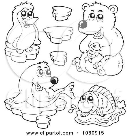 Clipart Outlined Penguin Seal Bear And Fish - Royalty Free Vector Illustration by visekart