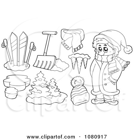 Clipart Outlined Winter Man With Skis Shovel Icicles And A Hat - Royalty Free Vector Illustration by visekart
