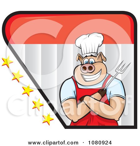 Clipart Chef Pig Holding A Fork Logo With Stars - Royalty Free Vector Illustration by Paulo Resende