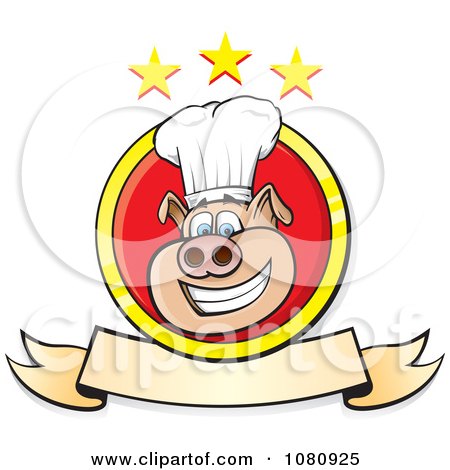 Clipart Smiling Chef Pig Logo With A Banner And Stars - Royalty Free Vector Illustration by Paulo Resende