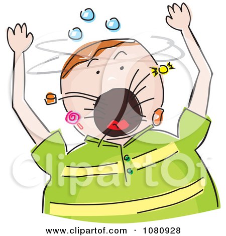 Clipart Chubby Boy Screaming And Candy Flying Out Of His Mouth - Royalty Free Vector Illustration by David Rey