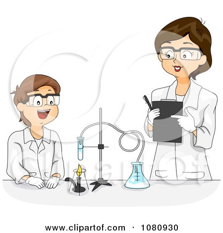 Clipart Female Science Teacher Overlooking A Male Students Chemistry Project - Royalty Free Vector Illustration by BNP Design Studio