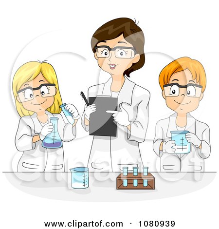 Clipart Female Teacher Overlooking Students And Their Science Experiment - Royalty Free Vector Illustration by BNP Design Studio