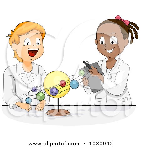 Clipart Male And Female Students Studying The Solar System In Science Class - Royalty Free Vector Illustration by BNP Design Studio