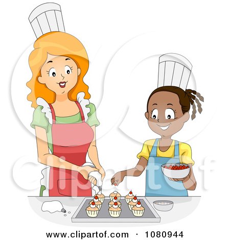 Clipart Home Economics Teacher Decorating Cupcakes With A Girl - Royalty Free Vector Illustration by BNP Design Studio