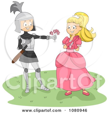 Clipart Knight Giving A Princess Flowers - Royalty Free Vector Illustration by BNP Design Studio