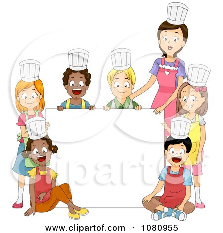 Clipart Home Economics Class And Teacher Around A Blank Sign - Royalty Free Vector Illustration by BNP Design Studio