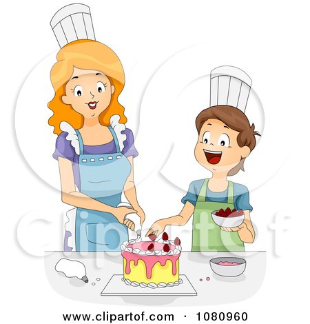 Clipart Home Economics Teacher Helping A Boy Decorate A Cake - Royalty Free Vector Illustration by BNP Design Studio