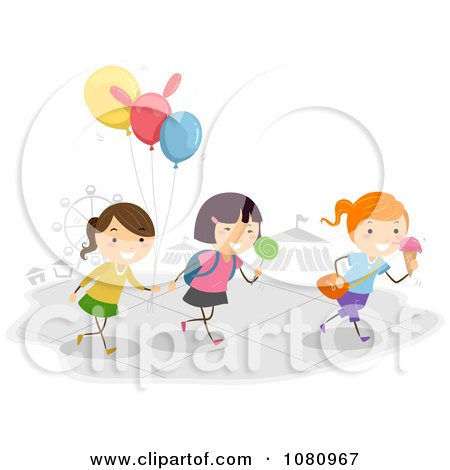 Clipart Stick Kids With Balloons And Sweets At A Theme Park - Royalty Free Vector Illustration by BNP Design Studio