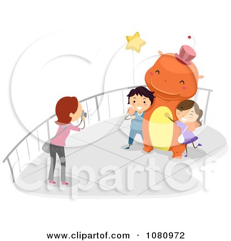 Clipart Woman Taking Picture Of Stick Kids With A Dinosaur Mascot - Royalty Free Vector Illustration by BNP Design Studio