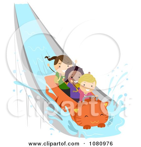 Clipart Stick Kids On A Cat Splash Water Ride - Royalty Free Vector Illustration by BNP Design Studio