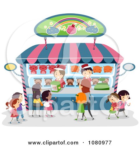 Clipart Stick Kids Shopping At A Toy Store Kiosk - Royalty Free Vector Illustration by BNP Design Studio