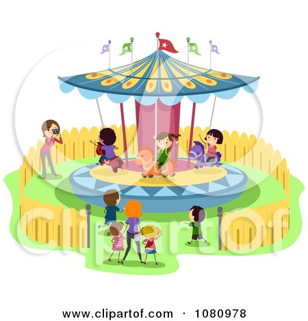 Clipart Stick Kids On A Merry Go Round Carousel - Royalty Free Vector Illustration by BNP Design Studio