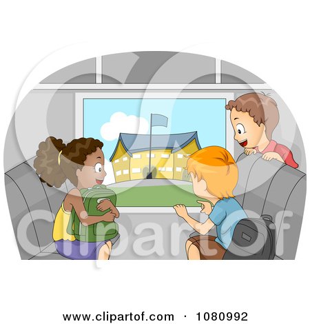 Clipart Kids Viewing A School From A Bus Window - Royalty Free Vector Illustration by BNP Design Studio
