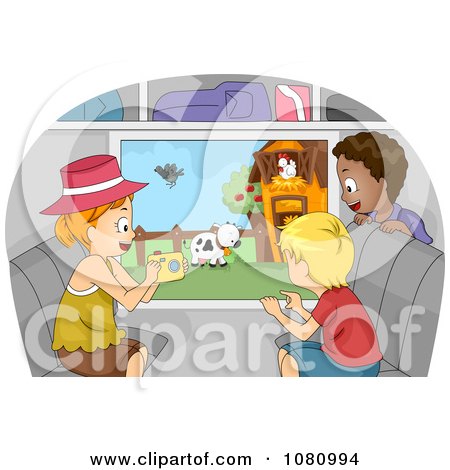 Clipart Kids Taking Pictures Of Farm Animals From A Bus Window - Royalty Free Vector Illustration by BNP Design Studio