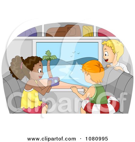 Clipart Kids Taking Pictures Of A Beach From A Bus Window - Royalty Free Vector Illustration by BNP Design Studio