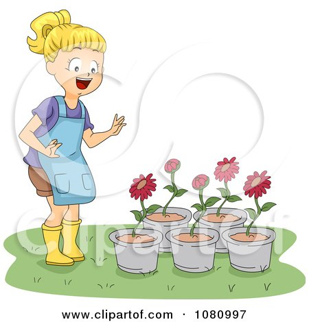 Clipart Girl Looking A Red Potted Flowers - Royalty Free Vector Illustration by BNP Design Studio