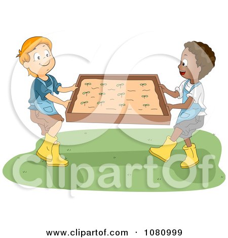 Clipart Kids Moving A Garden Bed - Royalty Free Vector Illustration by BNP Design Studio