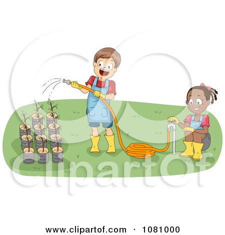Clipart Kids Watering Seeding Plants - Royalty Free Vector Illustration by BNP Design Studio