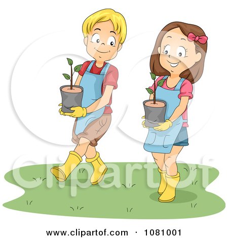 Clipart Kids Carrying Potted Plants - Royalty Free Vector Illustration by BNP Design Studio