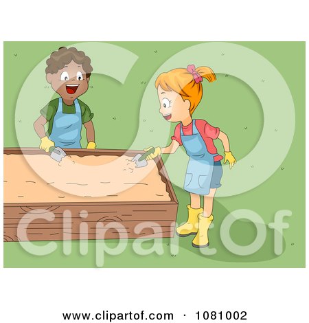 Clipart Kids Digging In AGarden Bed - Royalty Free Vector Illustration by BNP Design Studio