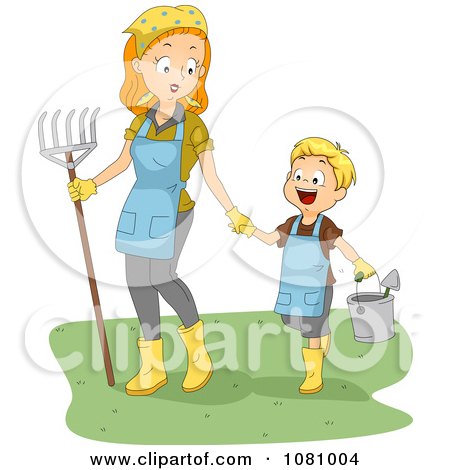 Clipart Mom And Son Gardening - Royalty Free Vector Illustration by BNP Design Studio