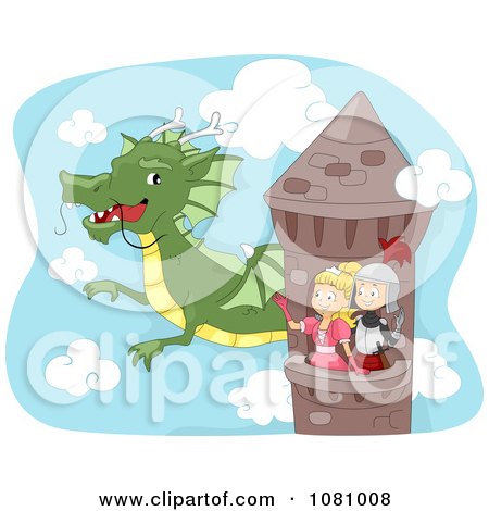 Clipart Knight And Princess Waving To A Dragon From A Tower - Royalty Free Vector Illustration by BNP Design Studio