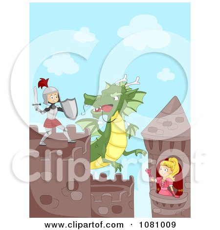 Clipart Knight Trying To Save A Princess From A Dragon - Royalty Free Vector Illustration by BNP Design Studio