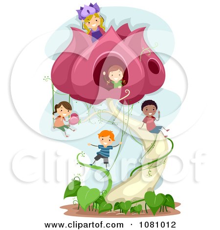 Clipart Stick Kids Playing In And Around A Flower House - Royalty Free Vector Illustration by BNP Design Studio